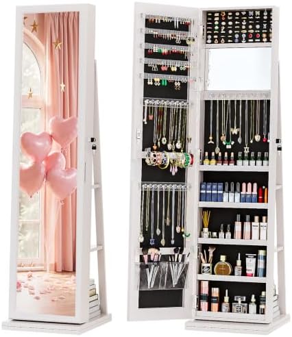 Full Length Mirror Jewelry Armoire - 4-in-1 보석함, 잠금장치가 있는 스탠딩형, 흰색