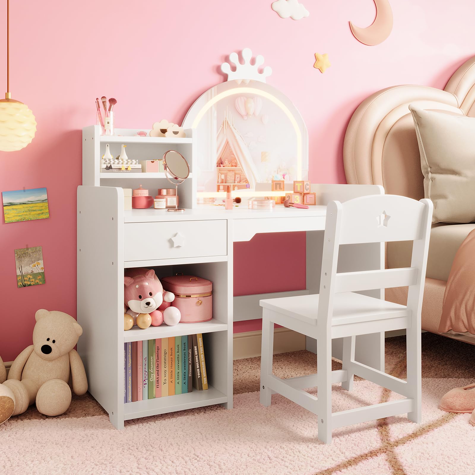 Dressing Table Vanity With Lighted Mirror - 어린이 화장대 세트 - 크라운 LED