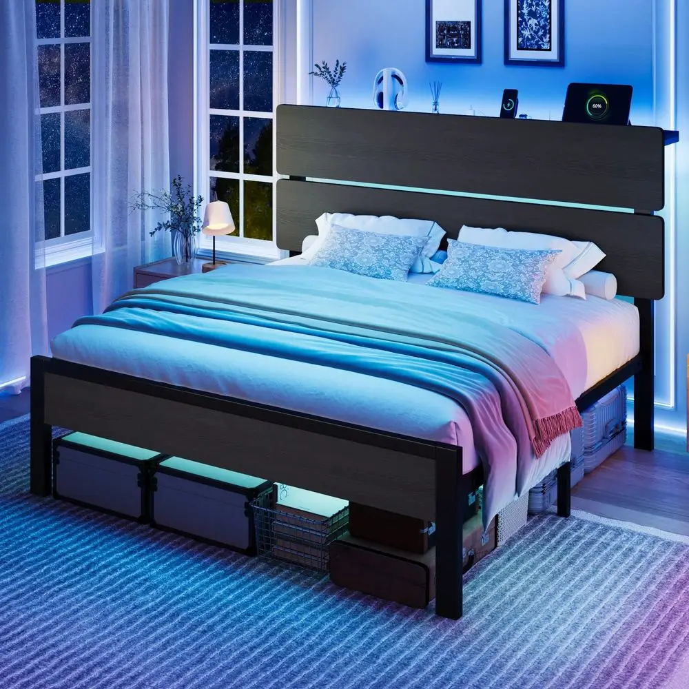 Canopy Bed Frame Metal Queen - LED 조명이 내장된 충전 스테이션이 있는
