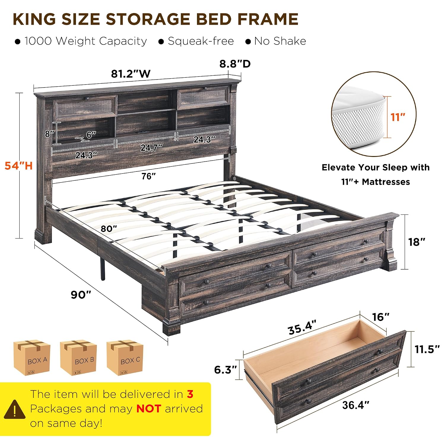 King Size Bed Frame With Storage Drawers - 킹사이즈 침대 프레임, 54인치 헤드보드, 4개의