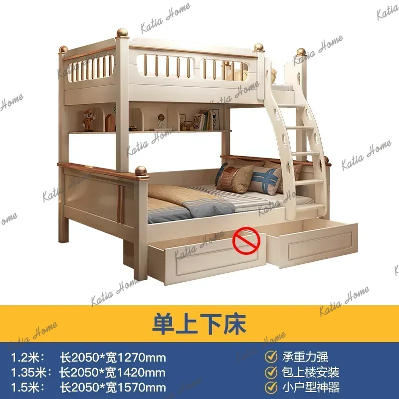 King Size Bed Frame With Storage Drawers - 135x190cm 크기의 나무 매트리스가 있는 2층