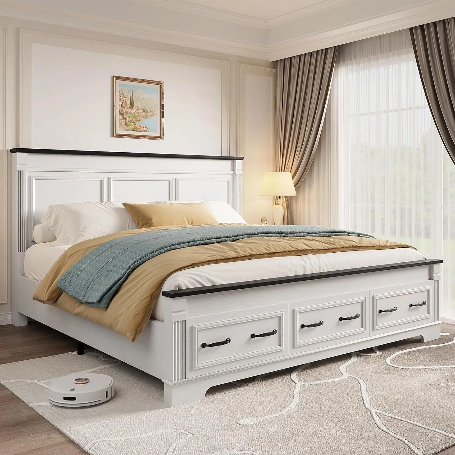 King Size Bed Frame With Storage Drawers - 헤드보드와 수납 공간이 있는 농가 스타일의