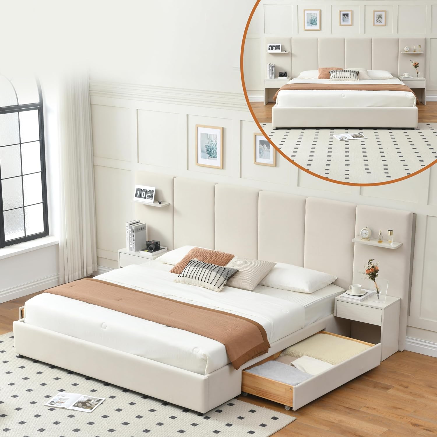 King Size Bed Frame With Storage Drawers - 킹사이즈 침대 프레임(수납공간, 내장형 나이트스탠드 및