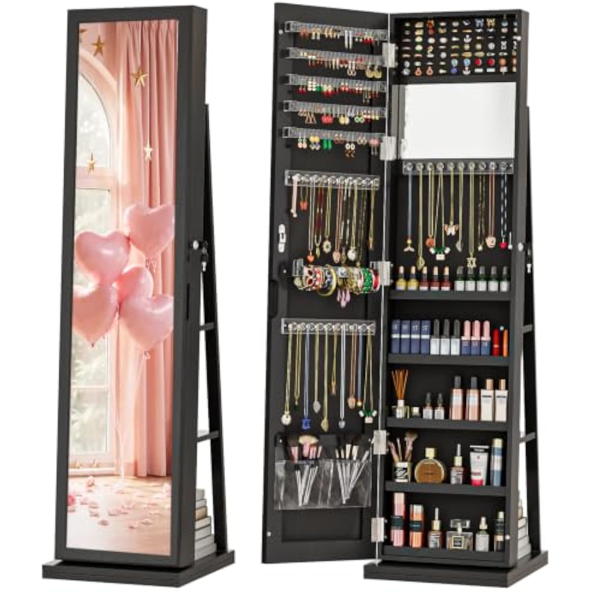 Full Length Mirror Jewelry Armoire - 우아한 블랙 스탠딩 주얼리 아르무아르, 전신