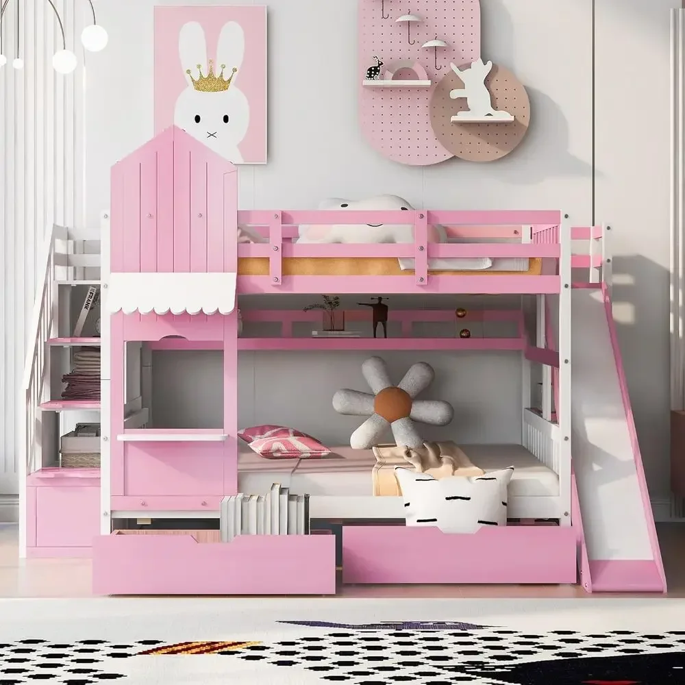 Bunk Bed With Stairs And Slide - 계단, 미끄럼틀, 수납 서랍이 있는 어린이용