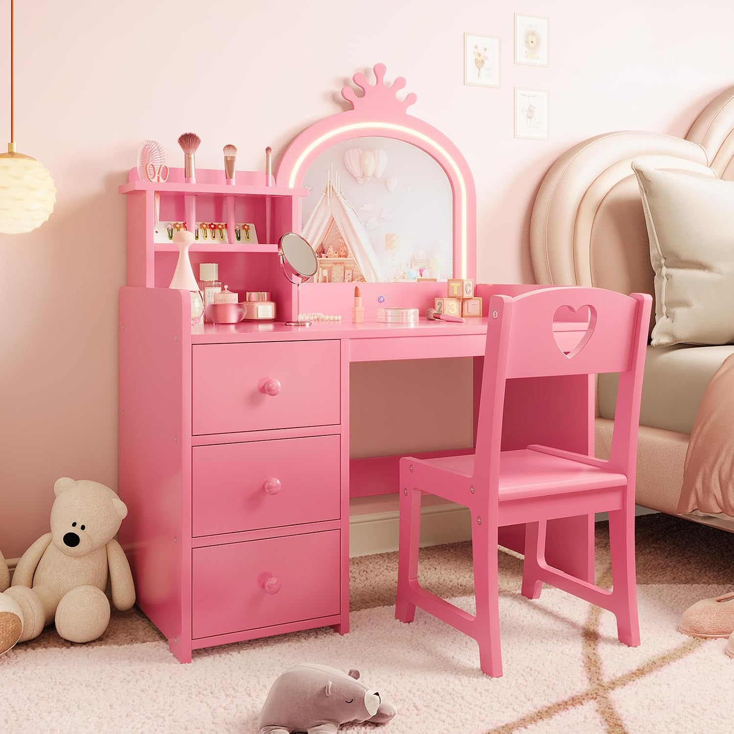 Dressing Table Vanity With Lighted Mirror - 조명 거울이 달린 어린이용 화장대, 분홍색
