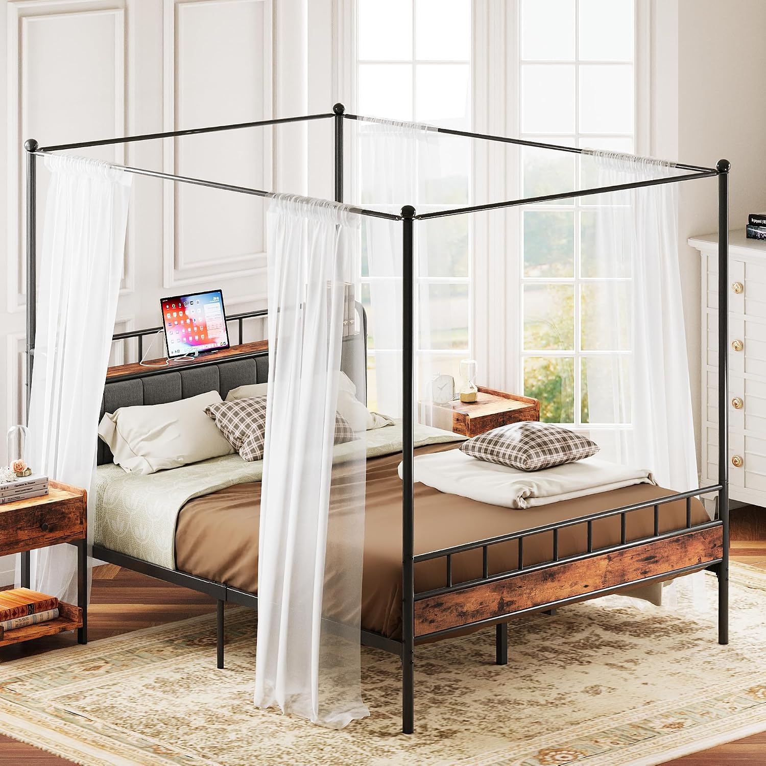 Canopy Bed Frame Metal Queen - 퀸 캐노피 침대 프레임 수납형 헤드보드
