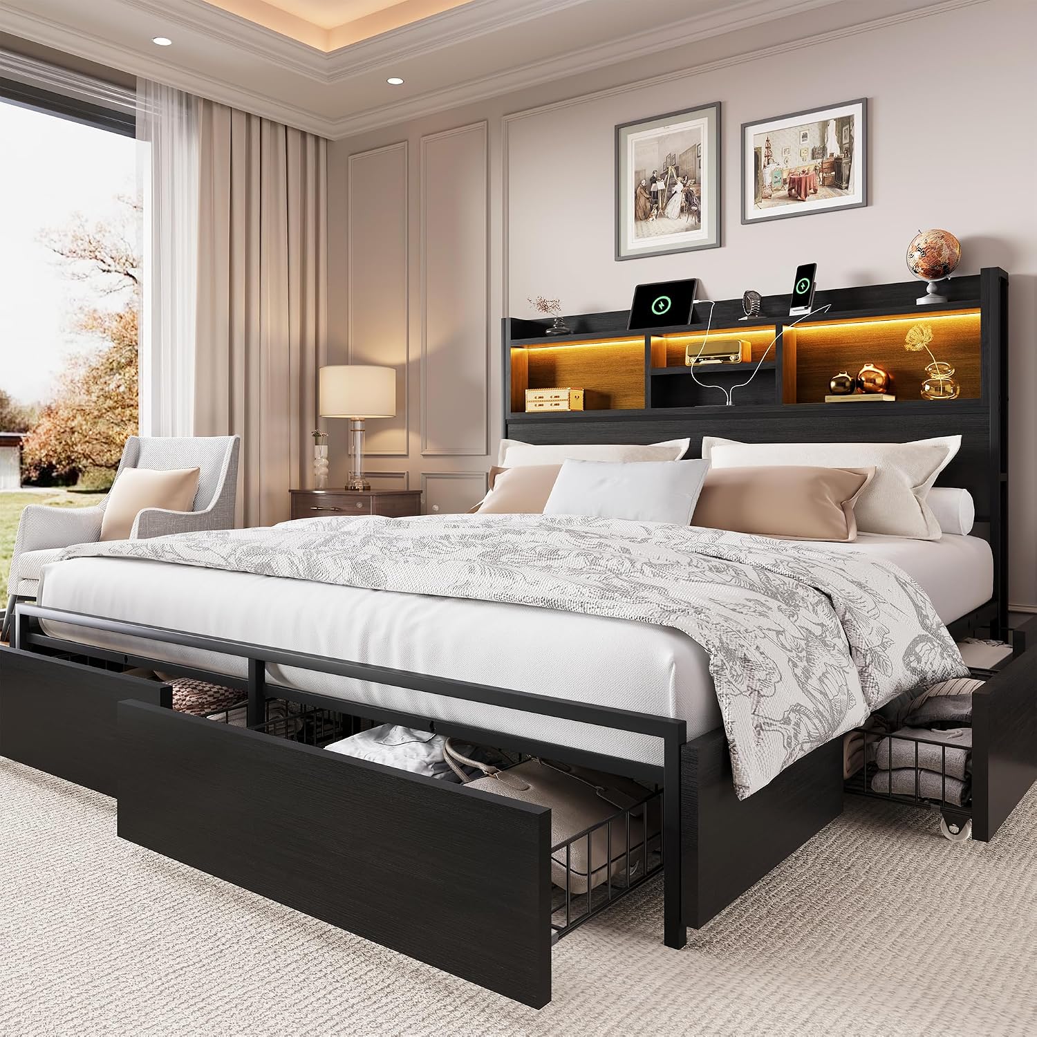 King Size Bed Frame With Storage Drawers - 킹사이즈 침대 프레임 (6개 수납 서랍