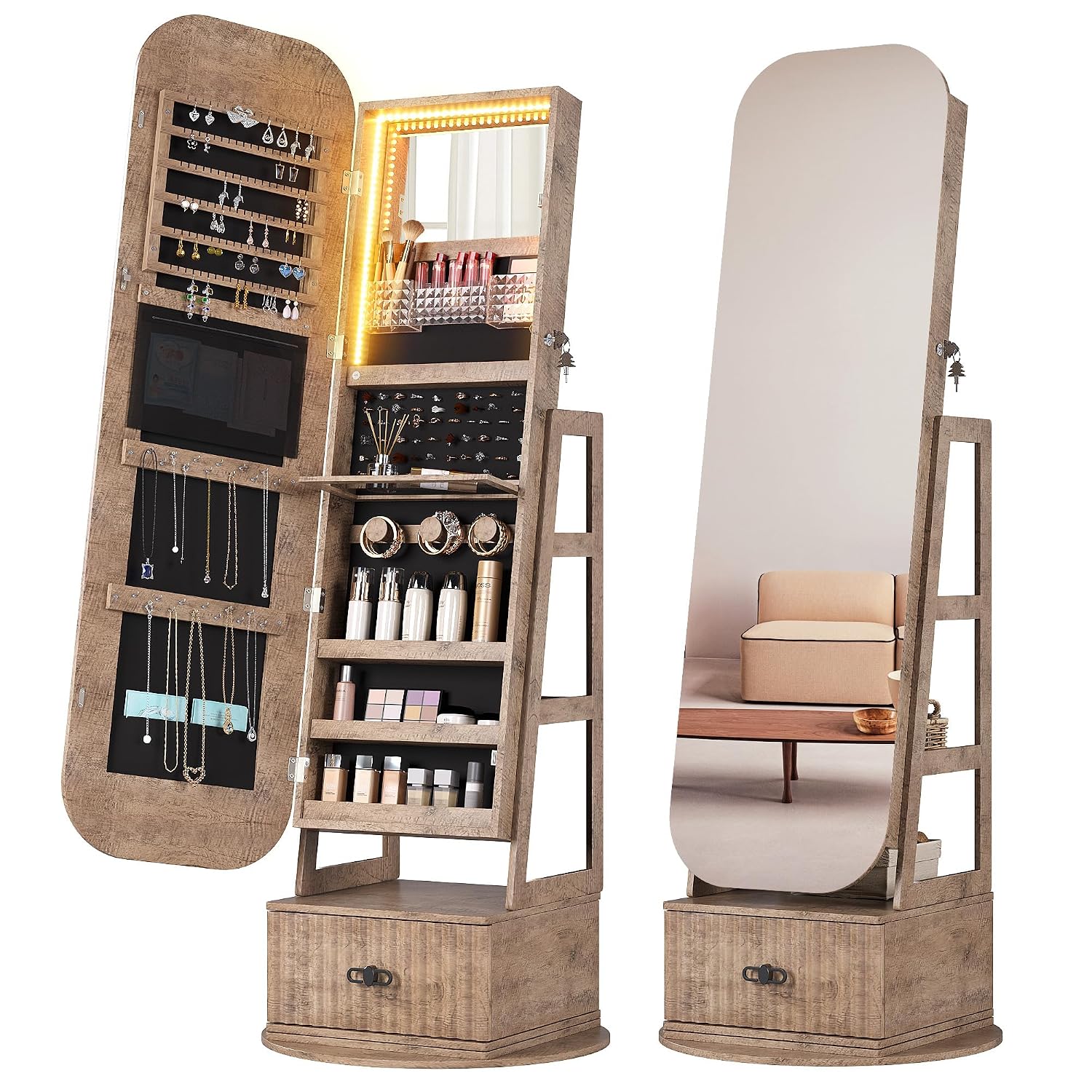 Full Length Mirror Jewelry Armoire - 360도 회전식 주얼리 보관함, 전신 거울
