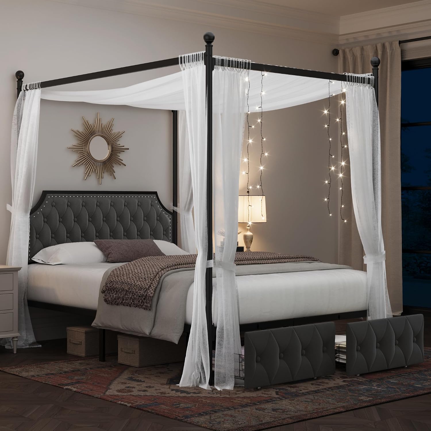 Canopy Bed Frame Metal Queen - 퀸 침대 프레임(수납 서랍 및 투프티드