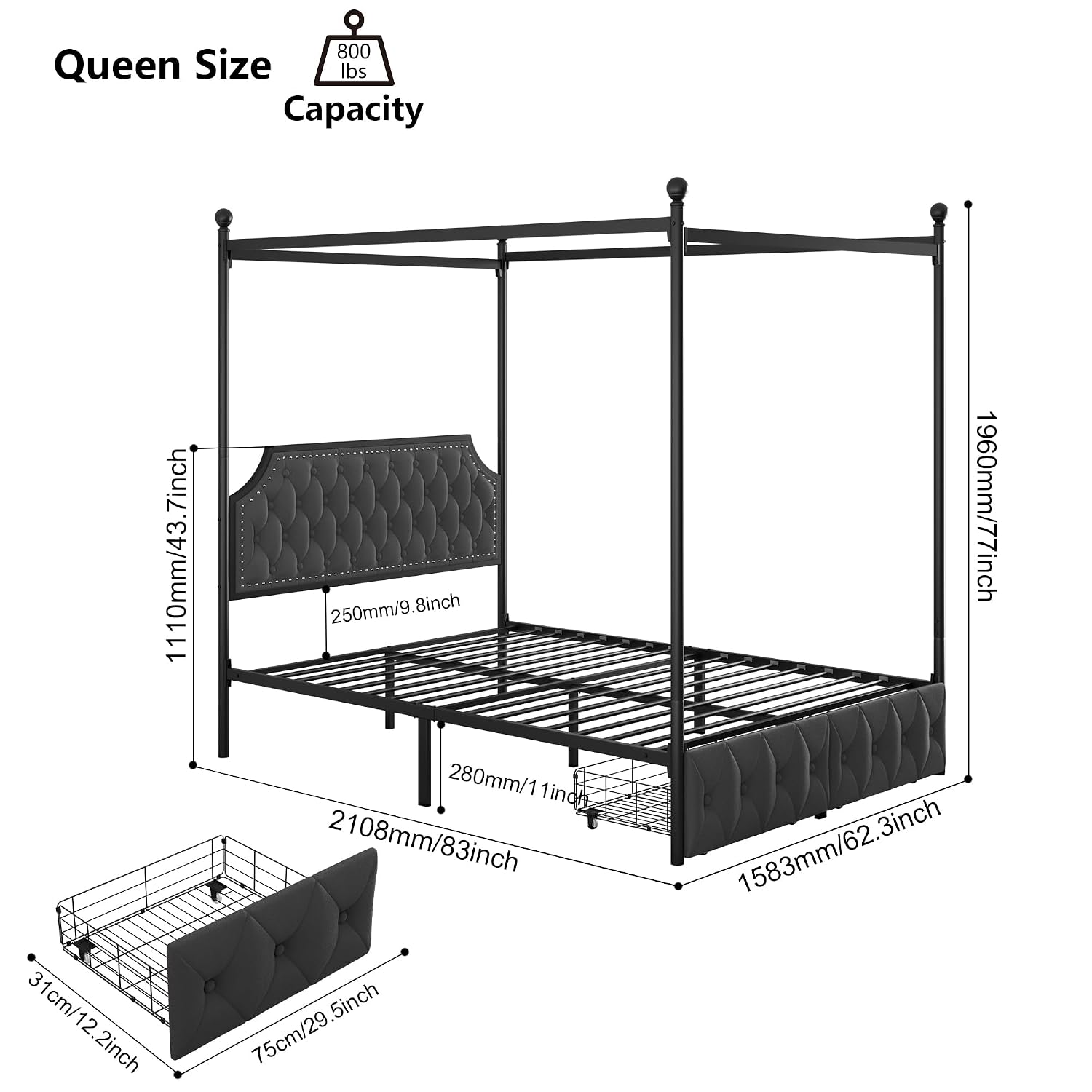 Canopy Bed Frame Metal Queen - 수납 서랍과 퀼팅 처리된 헤드보드가 있는