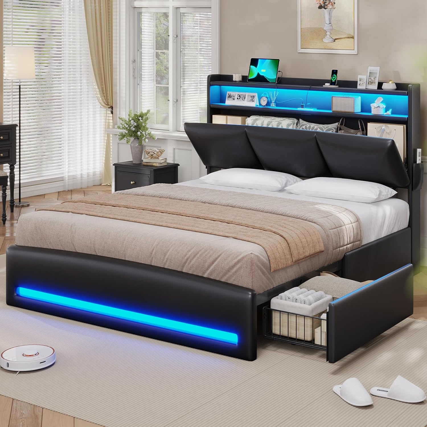 Canopy Bed Frame Metal Queen - 수납형 헤드보드와 충전 스테이션이 있는 퀸