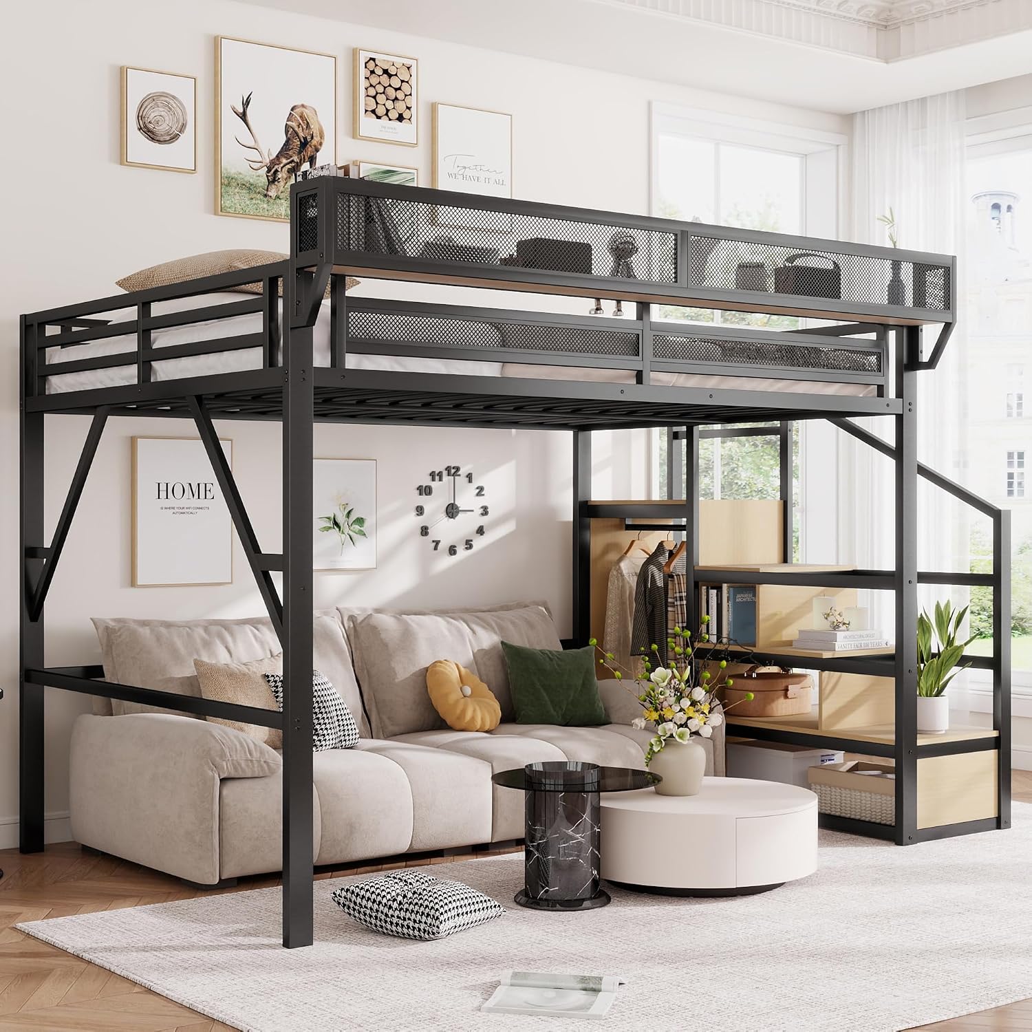Canopy Bed Frame Metal Queen - 퀸 사이즈 로프트 침대(계단 및 수납공간