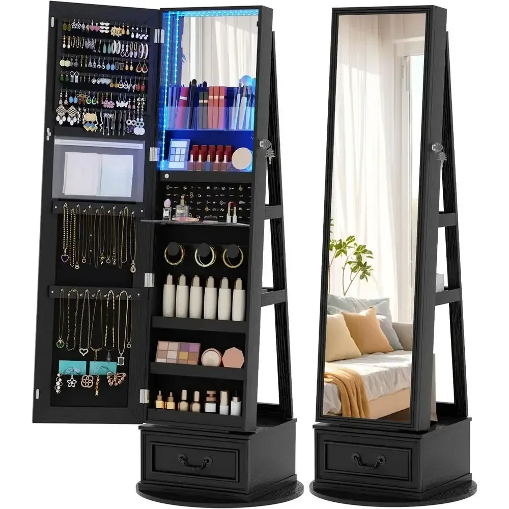 Full Length Mirror Jewelry Armoire - 360 ° 회전식 잠금장치가 있는 고급스러운