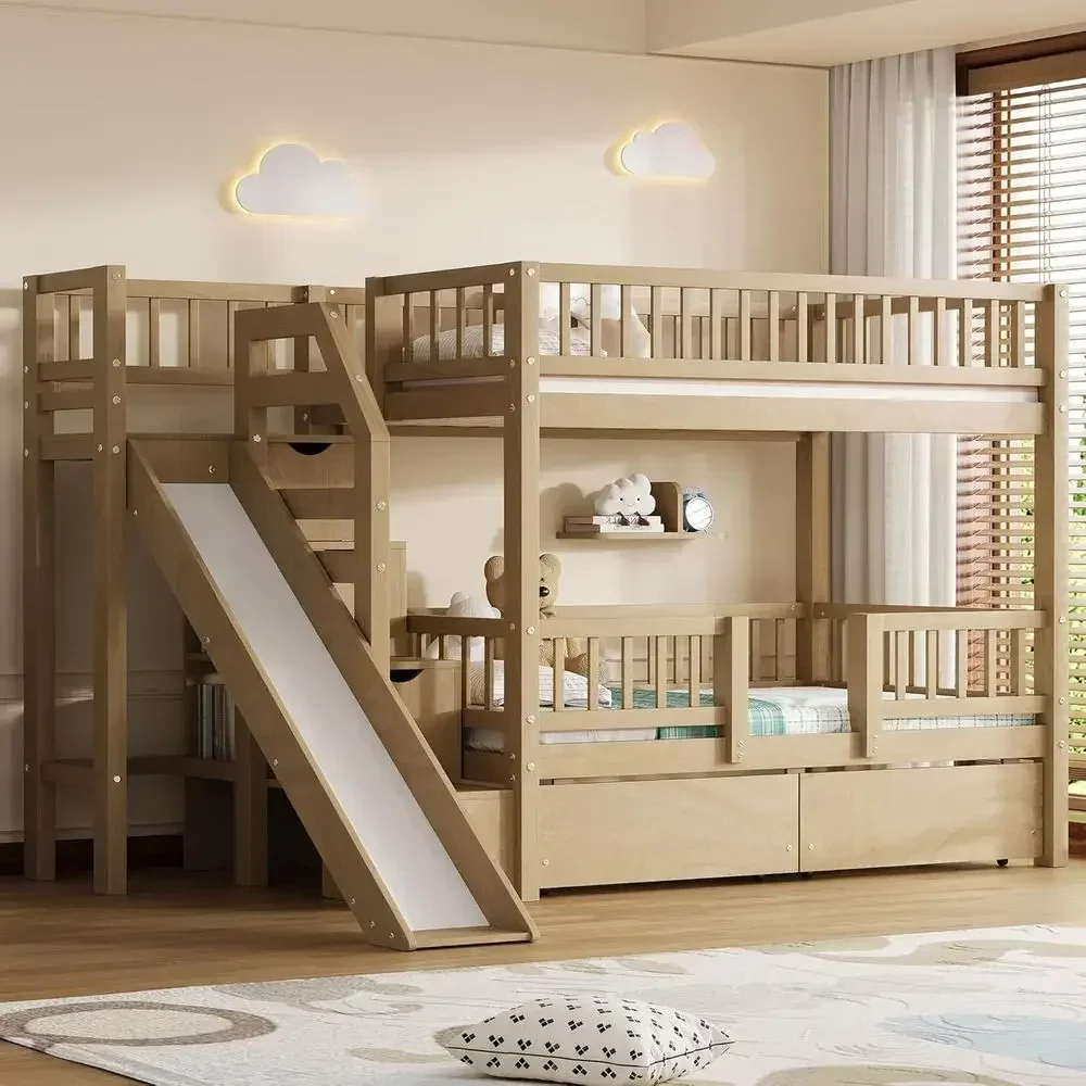 Bunk Bed With Stairs And Slide - 미끄럼틀과 수납 공간이 있는 2층 침대(나무