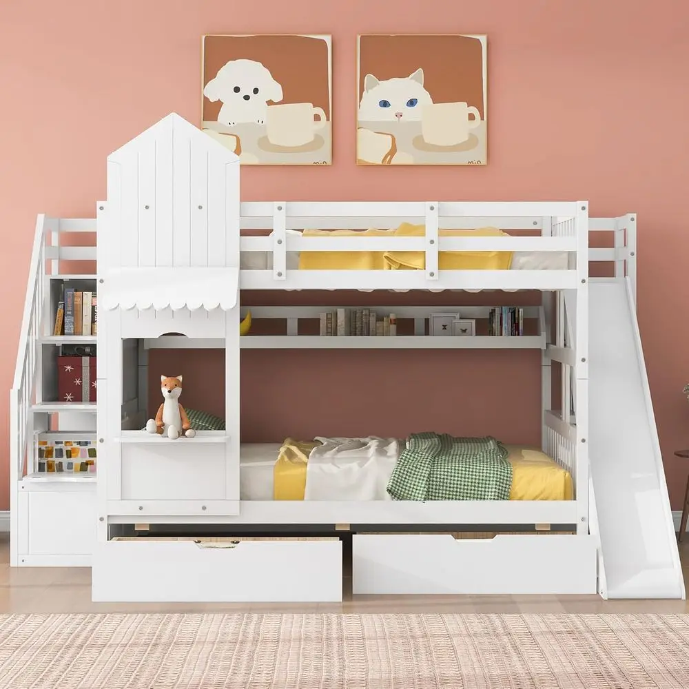 Bunk Bed With Stairs And Slide - 슬라이드와 수납 계단이 있는 흰색 어린이