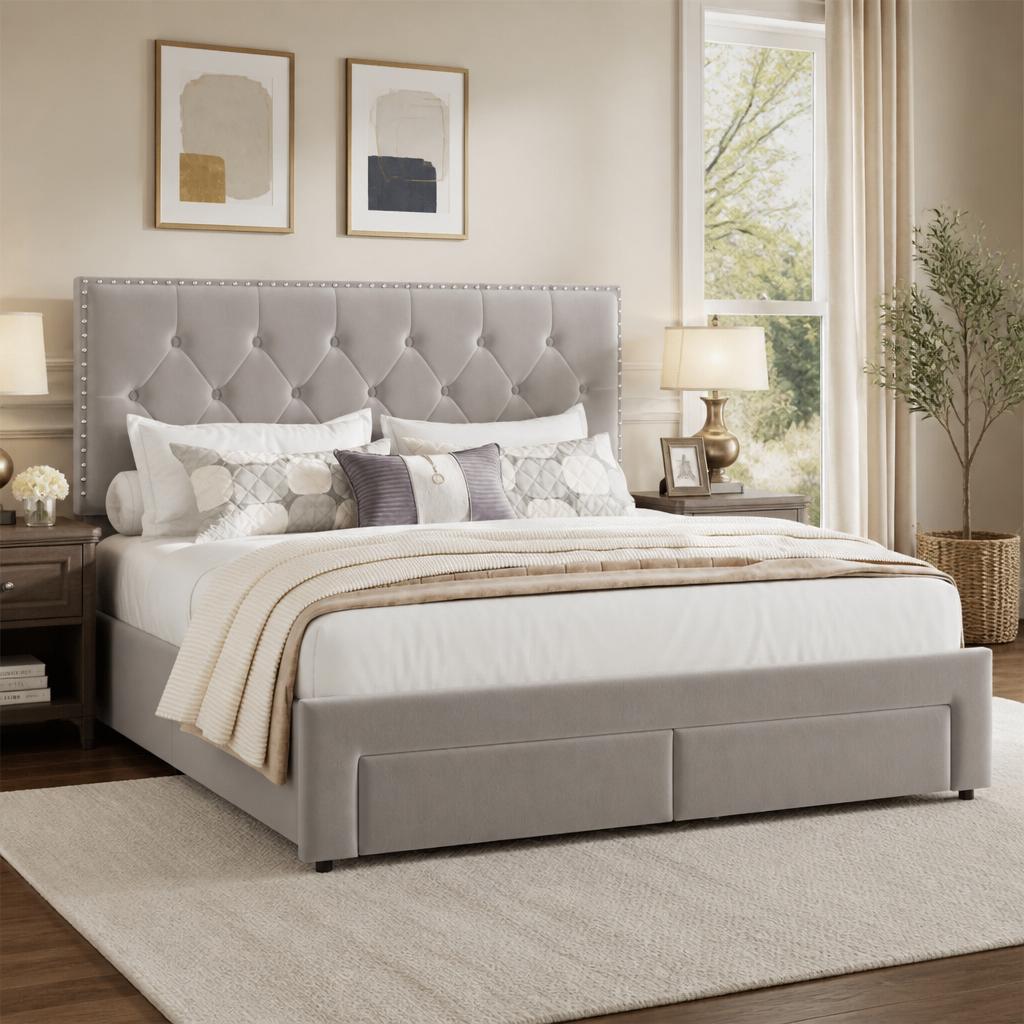 King Size Bed Frame With Storage Drawers - 킹사이즈 침대 프레임, 수납 서랍 2개