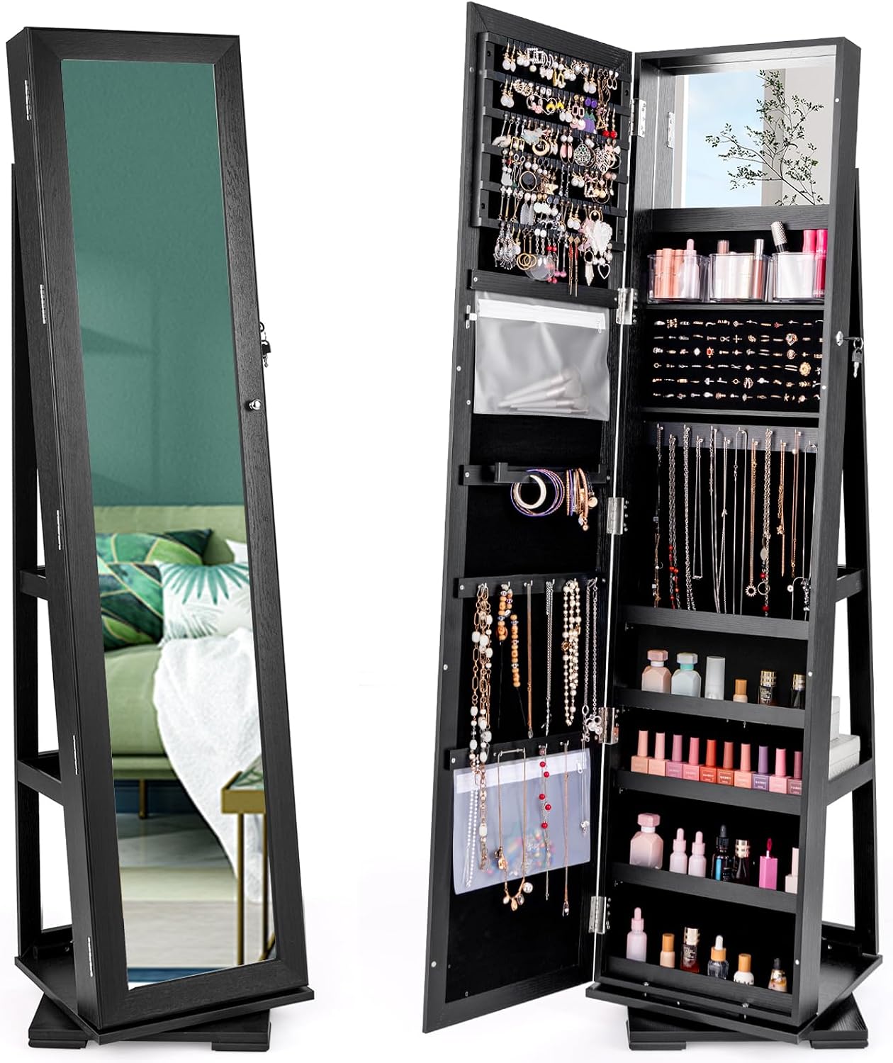 Full Length Mirror Jewelry Armoire - 블랙 스탠딩 잠금식 360도 회전 주얼리