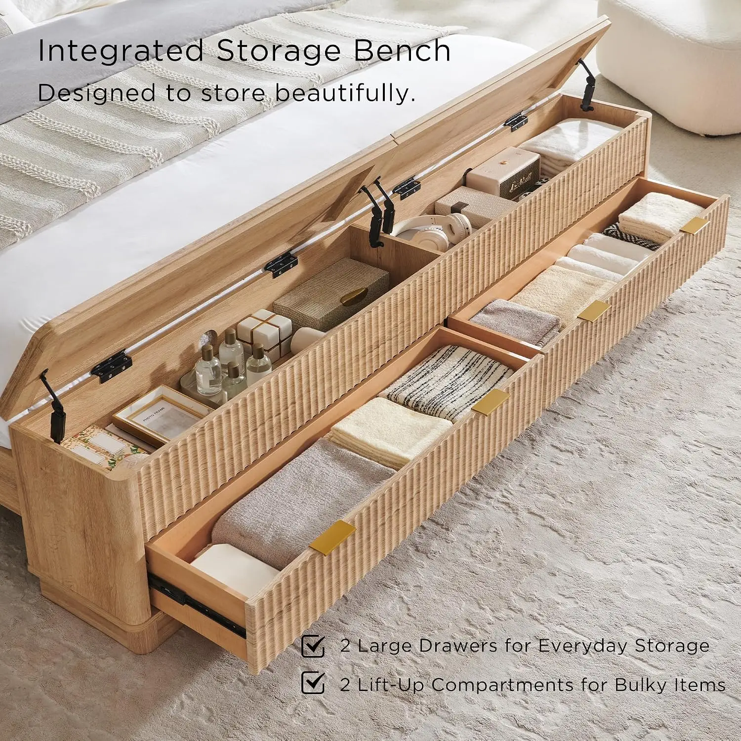 플루티드 킹사이즈 침대 프레임(헤드보드 및 수납 벤치  - King Size Bed Frame With Storage Drawers 리뷰 및 가격