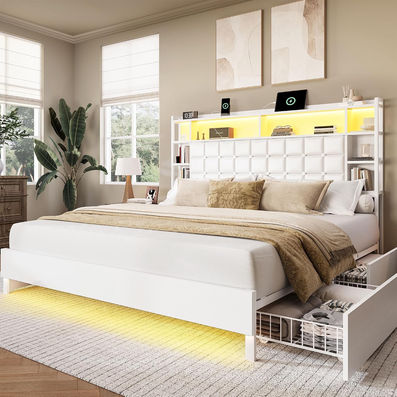 킹사이즈 원목 침대 프레임, 수납 서랍 및 LED 헤드 - King Size Bed Frame With Storage Drawers 리뷰 및 가격