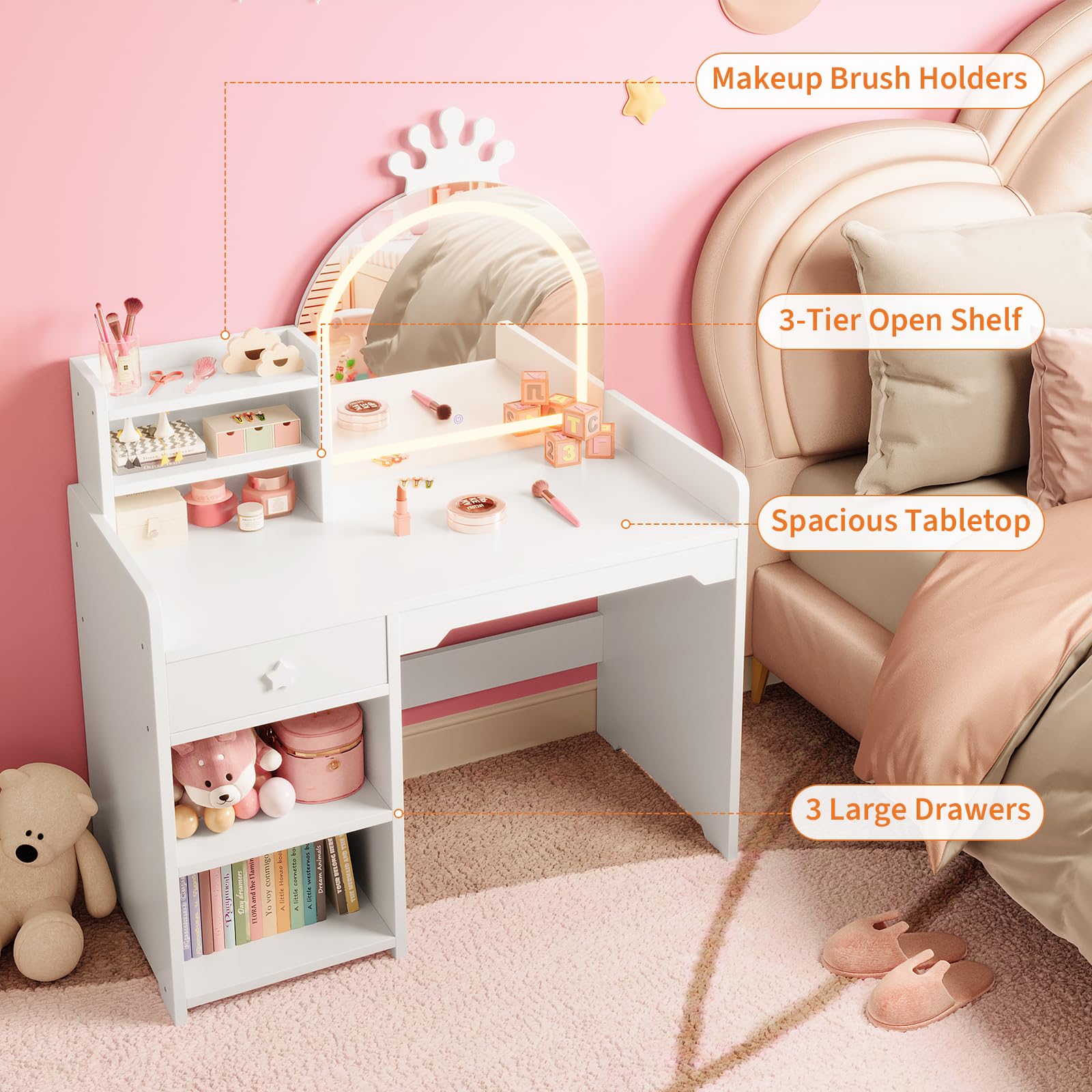 어린이 화장대 세트 - 크라운 LED 조명 거울, 서랍 - Dressing Table Vanity With Lighted Mirror 리뷰 및 가격