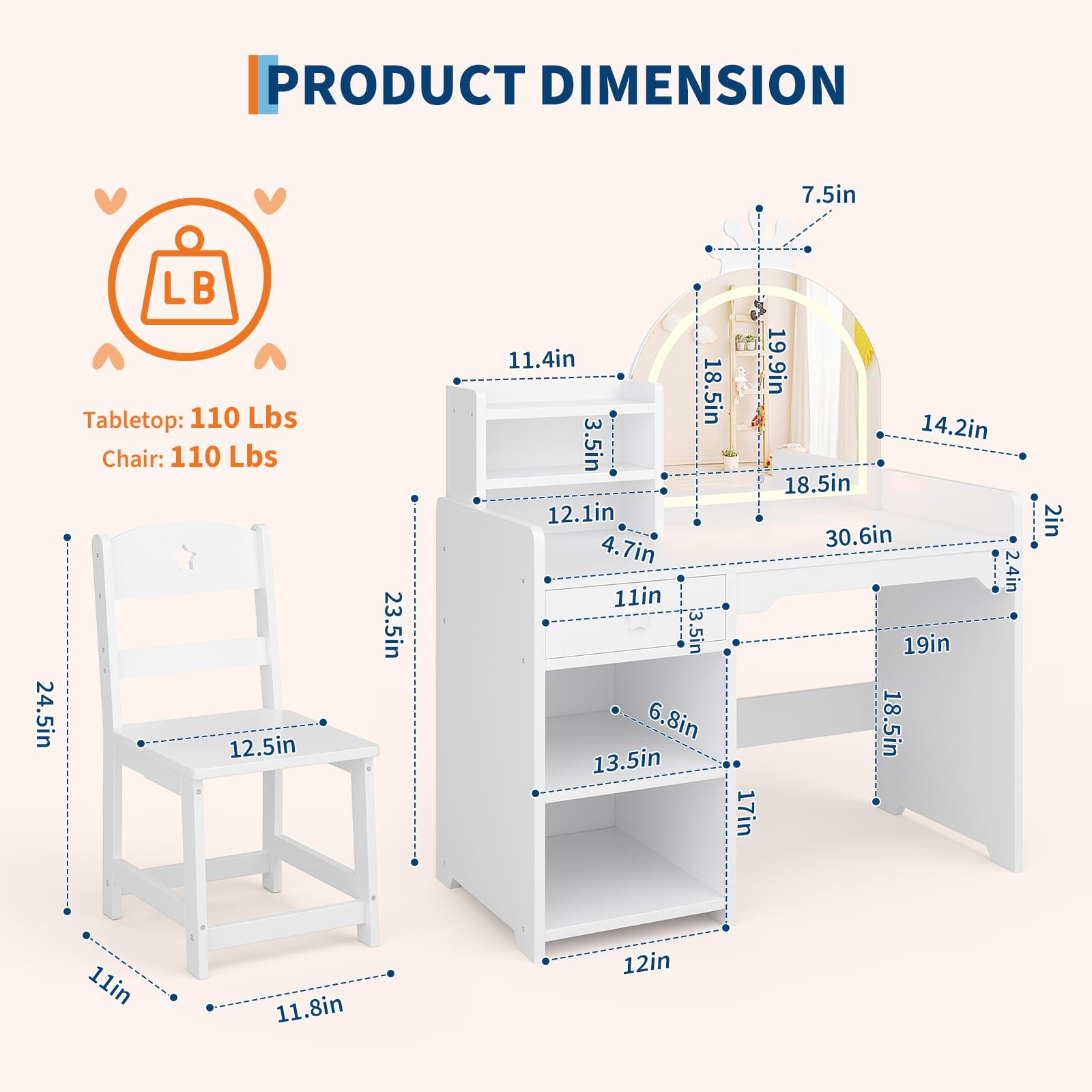 어린이 화장대 세트 - 크라운 LED 조명 거울, 서랍 - Dressing Table Vanity With Lighted Mirror 리뷰 및 가격