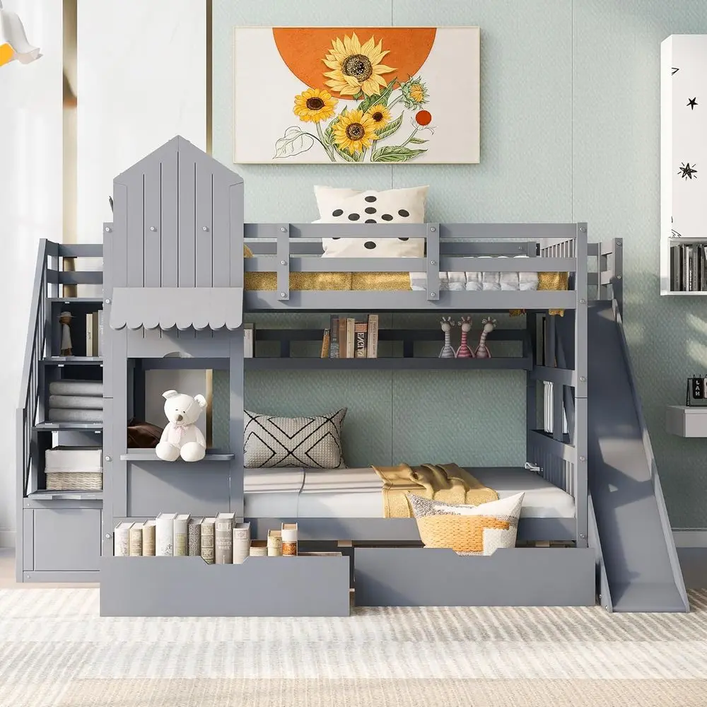 계단, 슬라이드, 수납 서랍, 책장이 포함된 풀사이즈  - Bunk Bed With Stairs And Slide 리뷰 및 가격