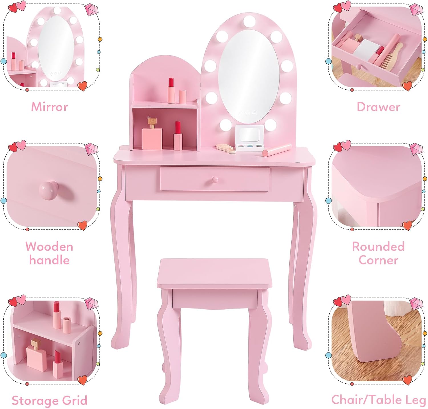 LED 조명 거울이 달린 공주풍 어린이 화장대 세트,  - Dressing Table Vanity With Lighted Mirror 리뷰 및 가격