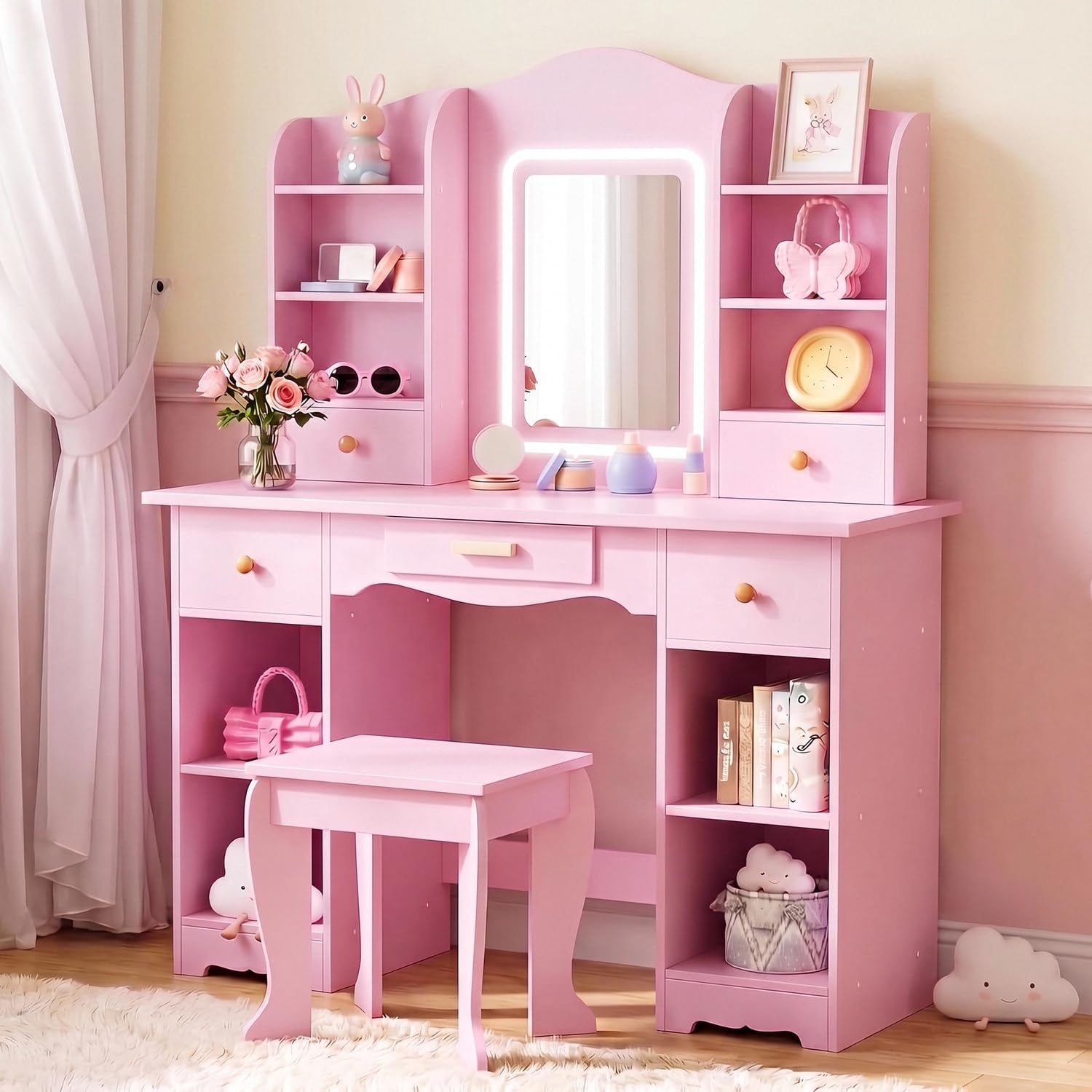 어린이용 화장대 세트 (3색 조명, 대용량 수납공간,  - Dressing Table Vanity With Lighted Mirror 리뷰 및 가격