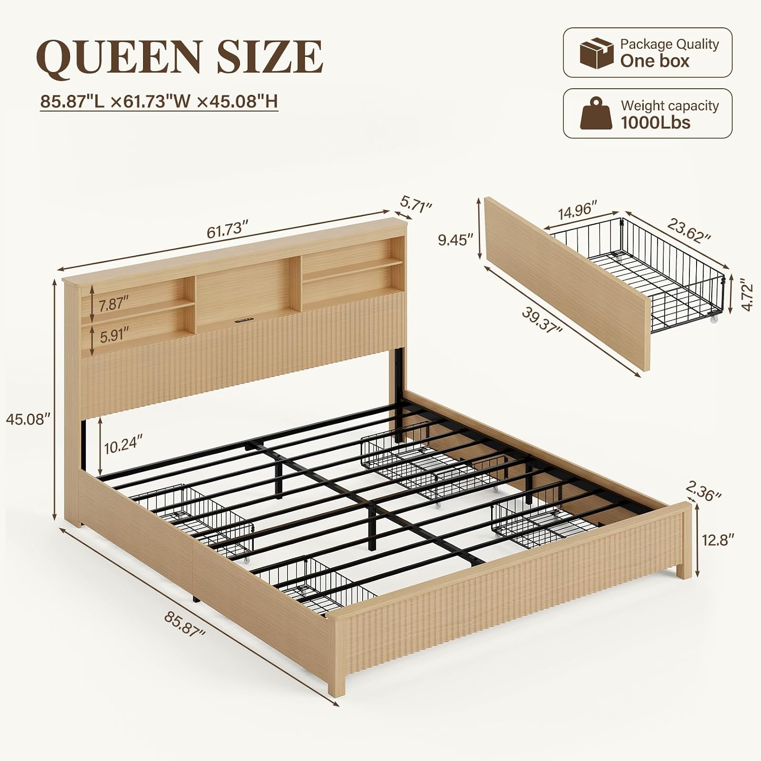 퀸사이즈 침대 프레임(수납 서랍 4개 포함), 내추럴  - Canopy Bed Frame Metal Queen 리뷰 및 가격
