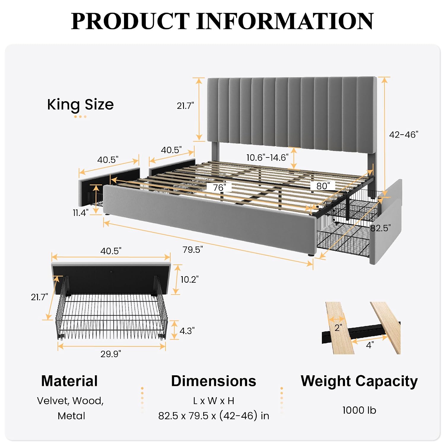 4개의 넉넉한 크기의 수납 서랍이 있는 킹사이즈 플랫폼 - King Size Bed Frame With Storage Drawers 리뷰 및 가격