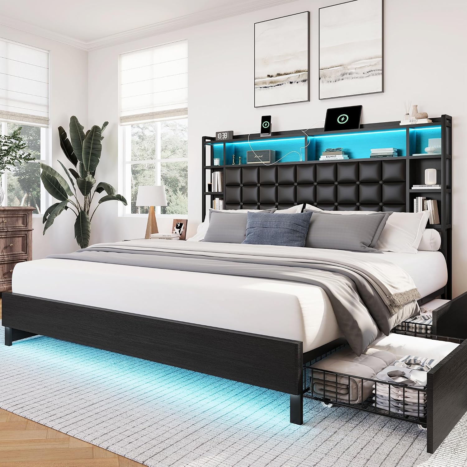 킹사이즈 원목 침대 프레임 (수납 서랍 및 LED 헤드 - King Size Bed Frame With Storage Drawers 리뷰 및 가격