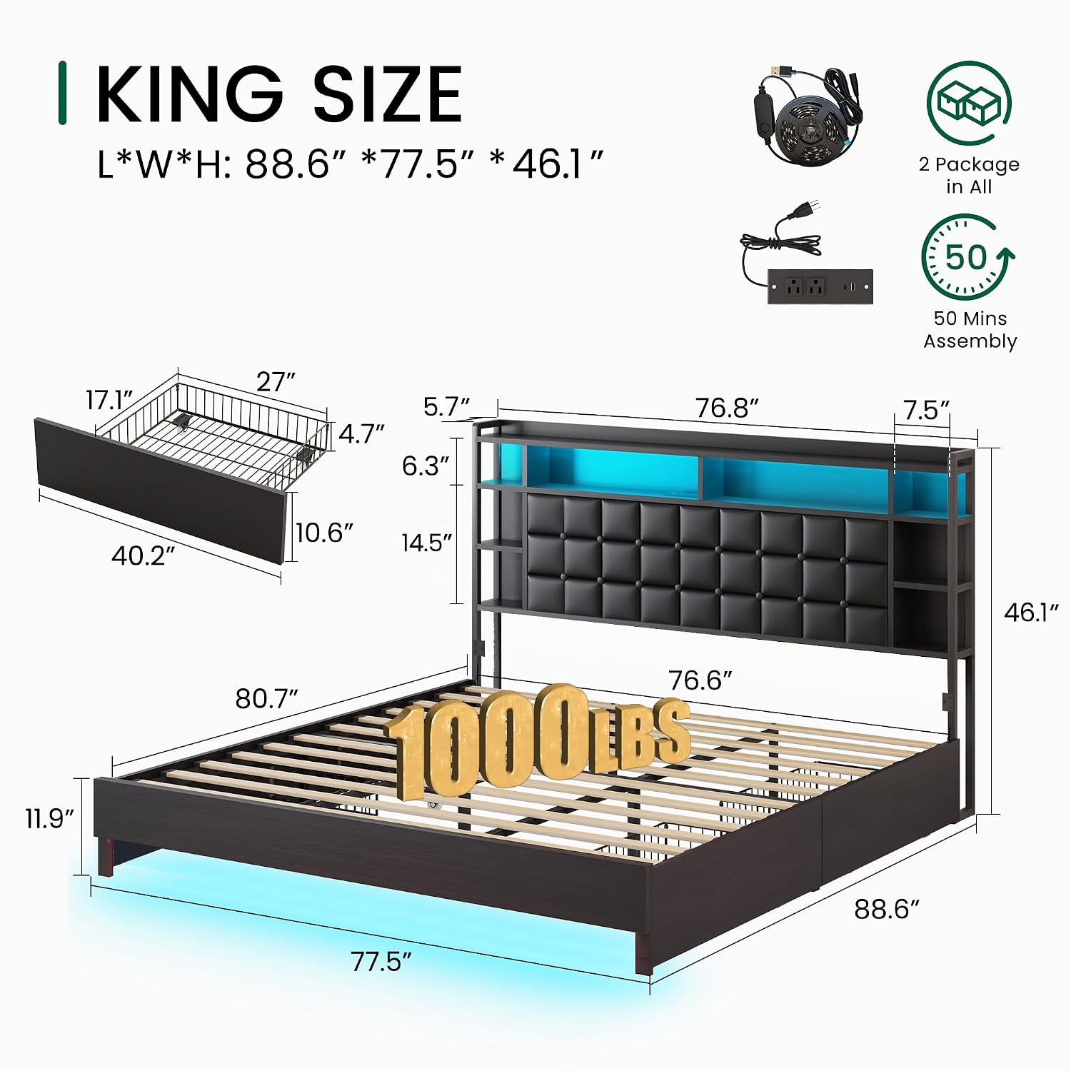 킹사이즈 원목 침대 프레임 (수납 서랍 및 LED 헤드 - King Size Bed Frame With Storage Drawers 리뷰 및 가격
