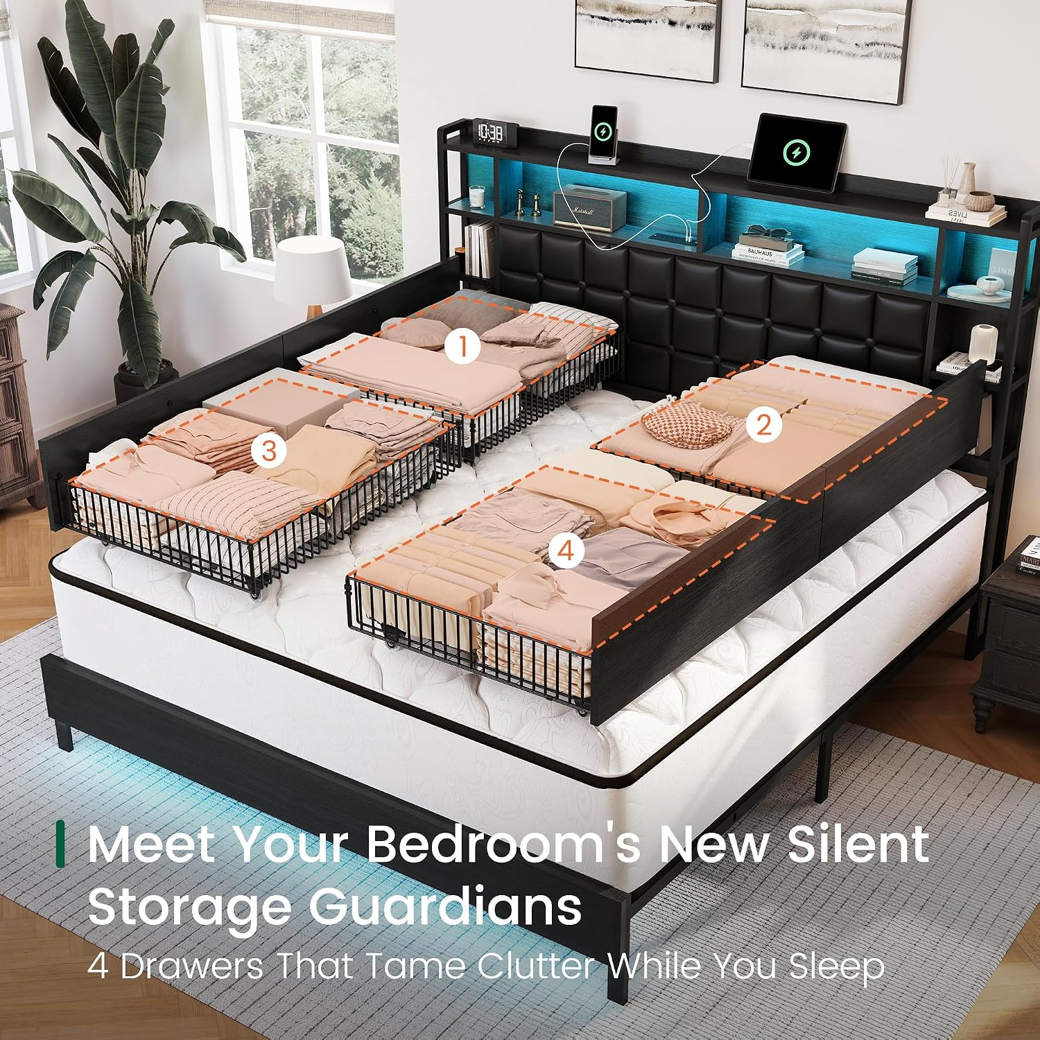 킹사이즈 원목 침대 프레임 (수납 서랍 및 LED 헤드 - King Size Bed Frame With Storage Drawers 리뷰 및 가격