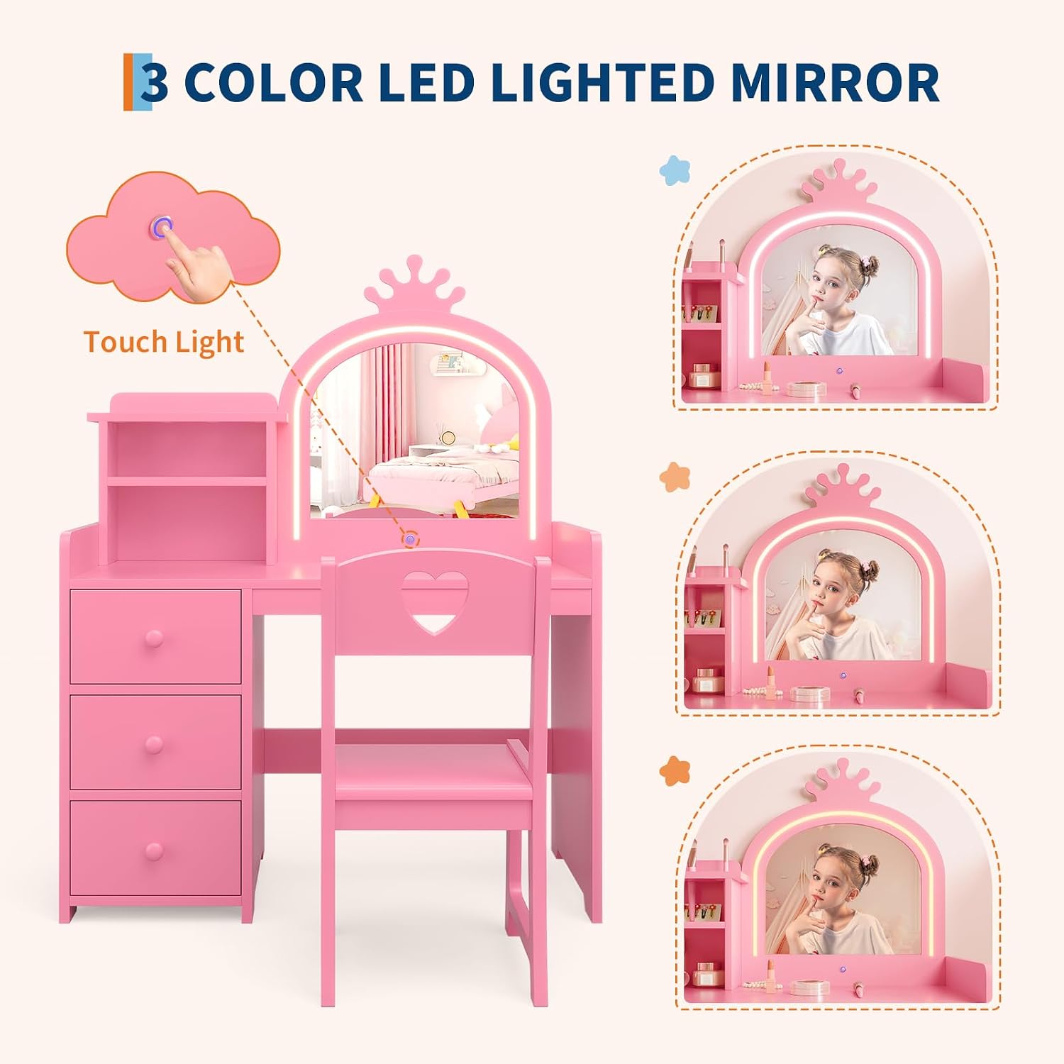 조명 거울이 달린 어린이용 화장대, 분홍색 공주풍 나무 - Dressing Table Vanity With Lighted Mirror 리뷰 및 가격