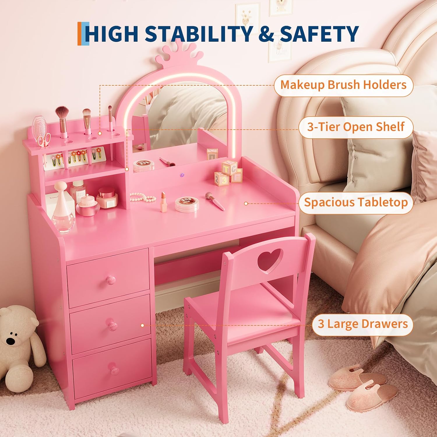 조명 거울이 달린 어린이용 화장대, 분홍색 공주풍 나무 - Dressing Table Vanity With Lighted Mirror 리뷰 및 가격