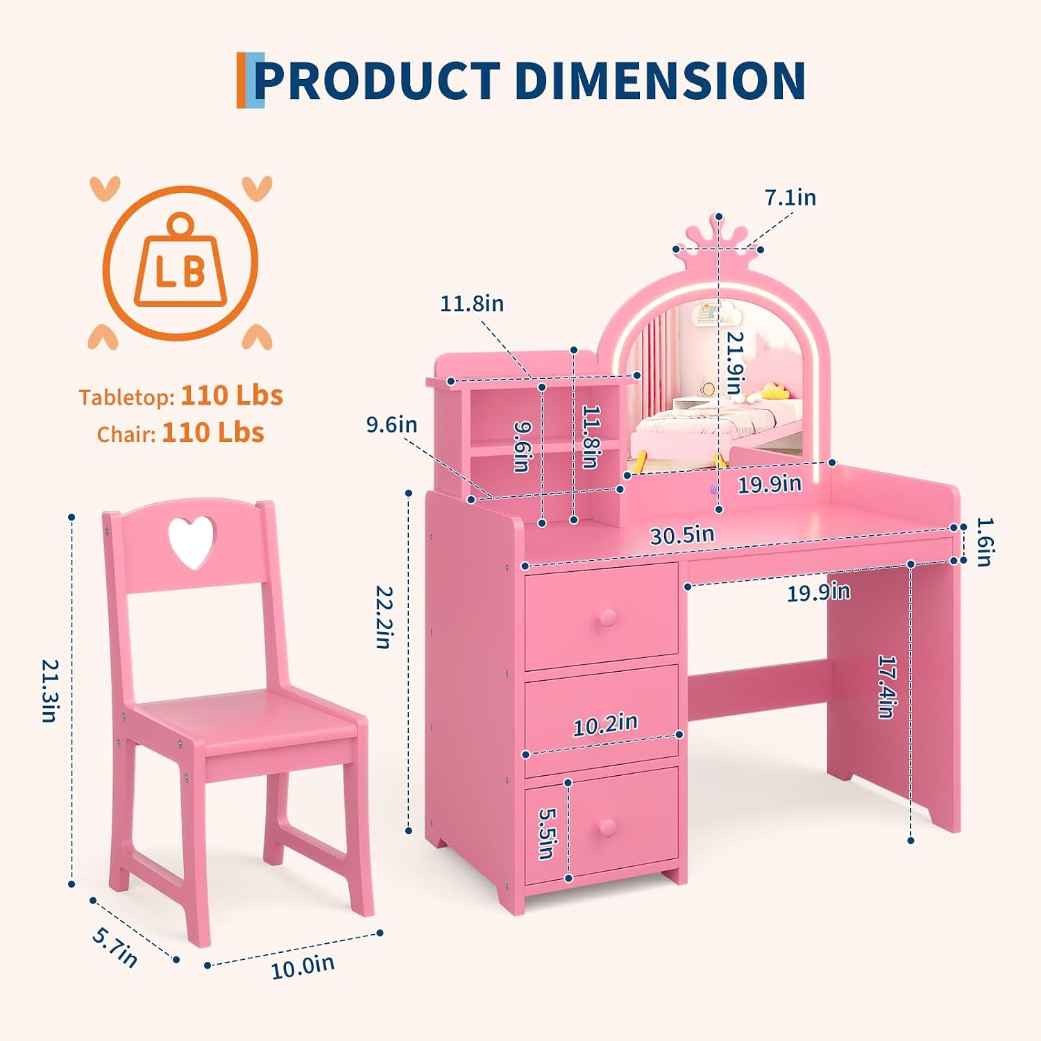 조명 거울이 달린 어린이용 화장대, 분홍색 공주풍 나무 - Dressing Table Vanity With Lighted Mirror 리뷰 및 가격