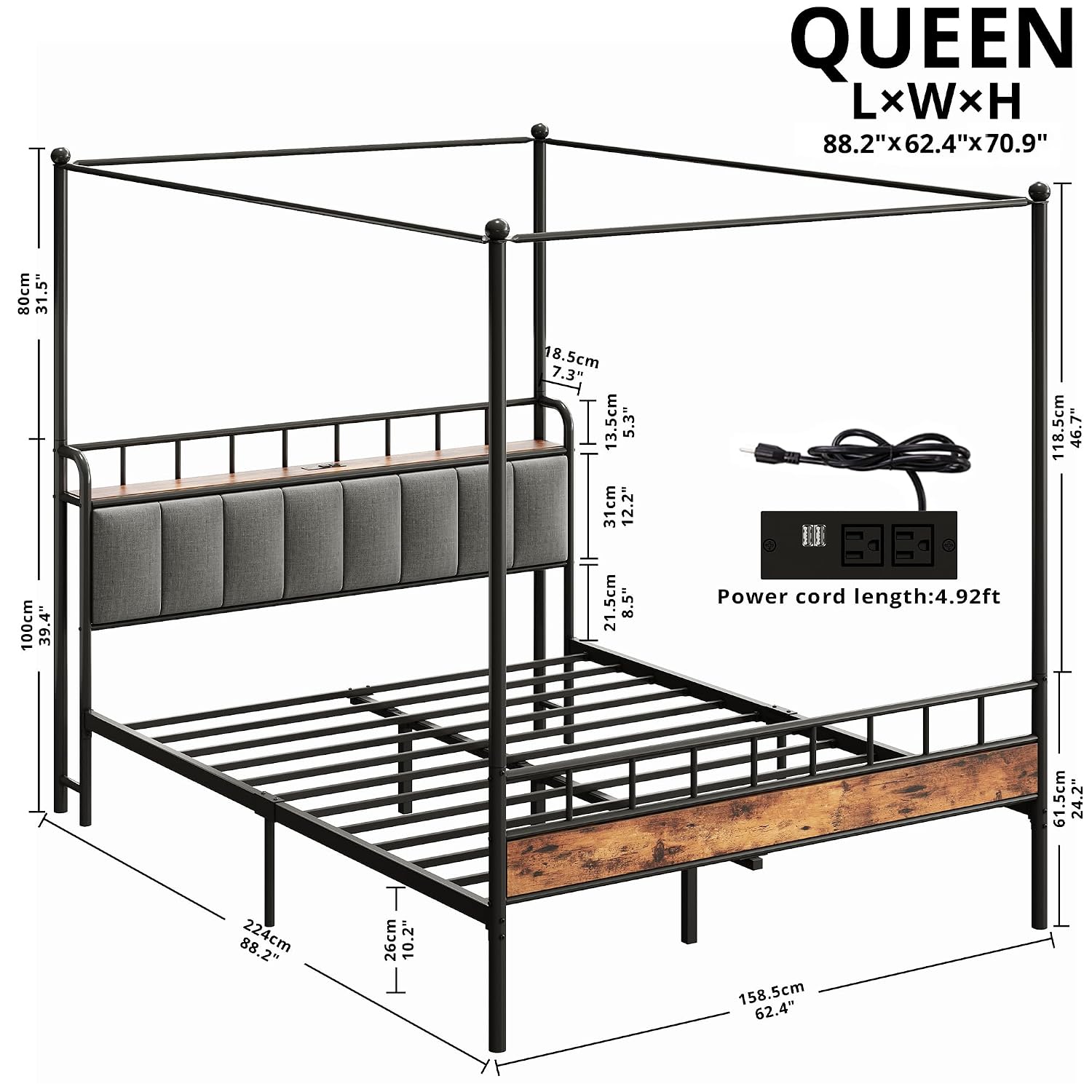 퀸 캐노피 침대 프레임 수납형 헤드보드 충전 스테이션  - Canopy Bed Frame Metal Queen 리뷰 및 가격