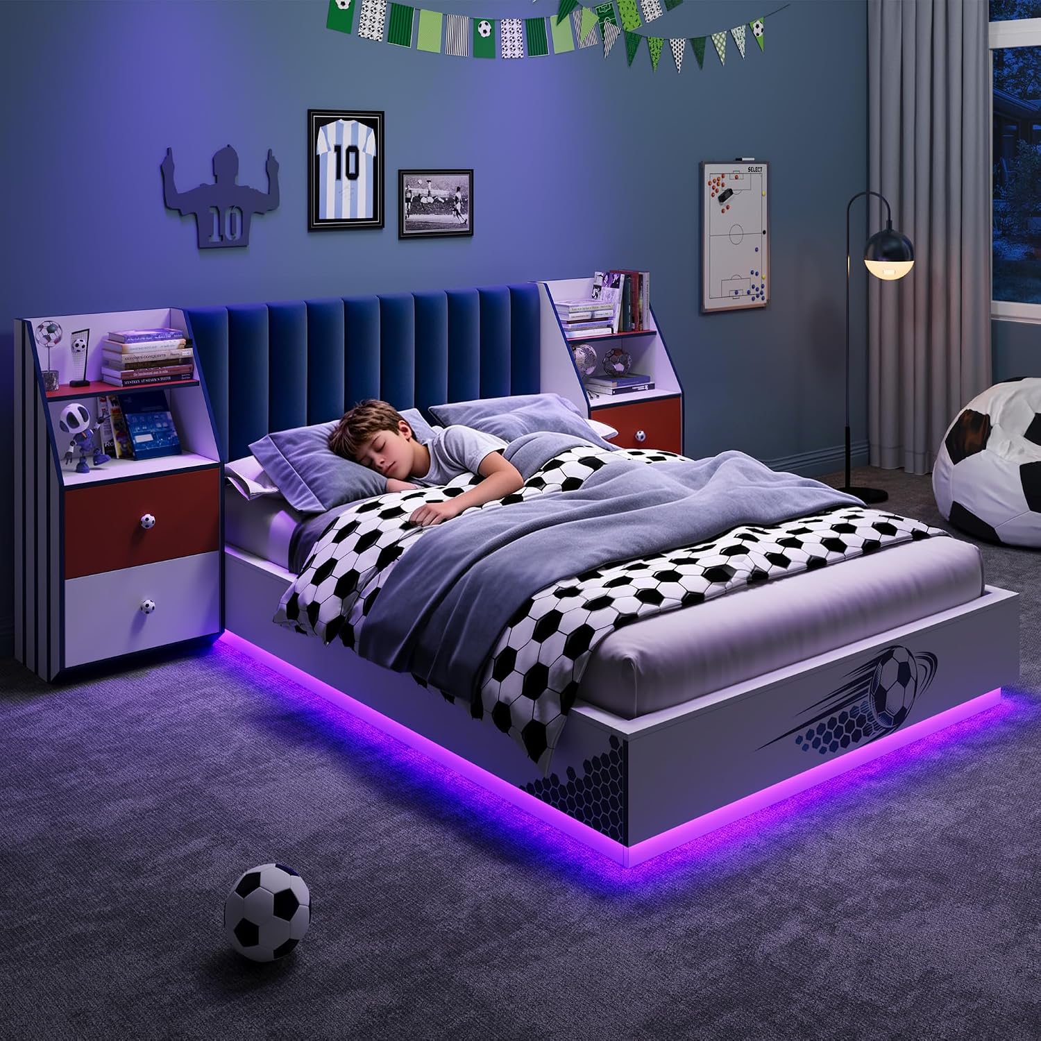 풀사이즈 플로팅 침대, 벨벳 헤드보드, LED 조명,  - Floating Nightstand With Led Light 리뷰 및 가격