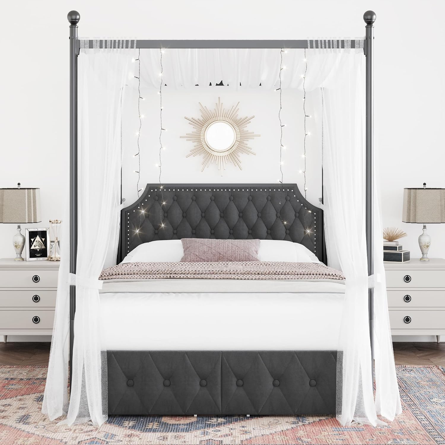 수납 서랍과 퀼팅 처리된 헤드보드가 있는 퀸 사이즈 침 - Canopy Bed Frame Metal Queen 리뷰 및 가격
