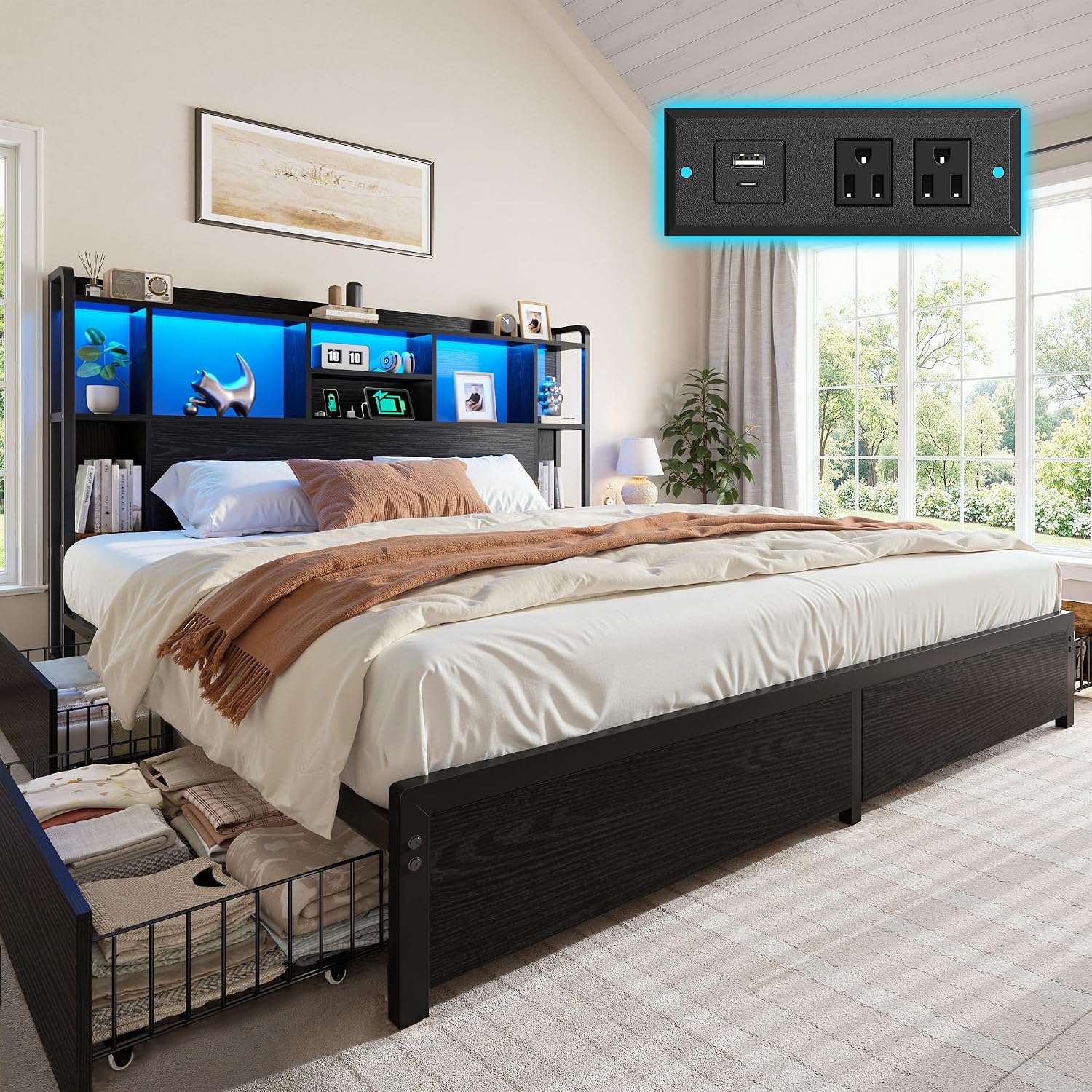 킹사이즈 침대 프레임 수납형 헤드보드, 대형 서랍 4개 - King Size Bed Frame With Storage Drawers 리뷰 및 가격