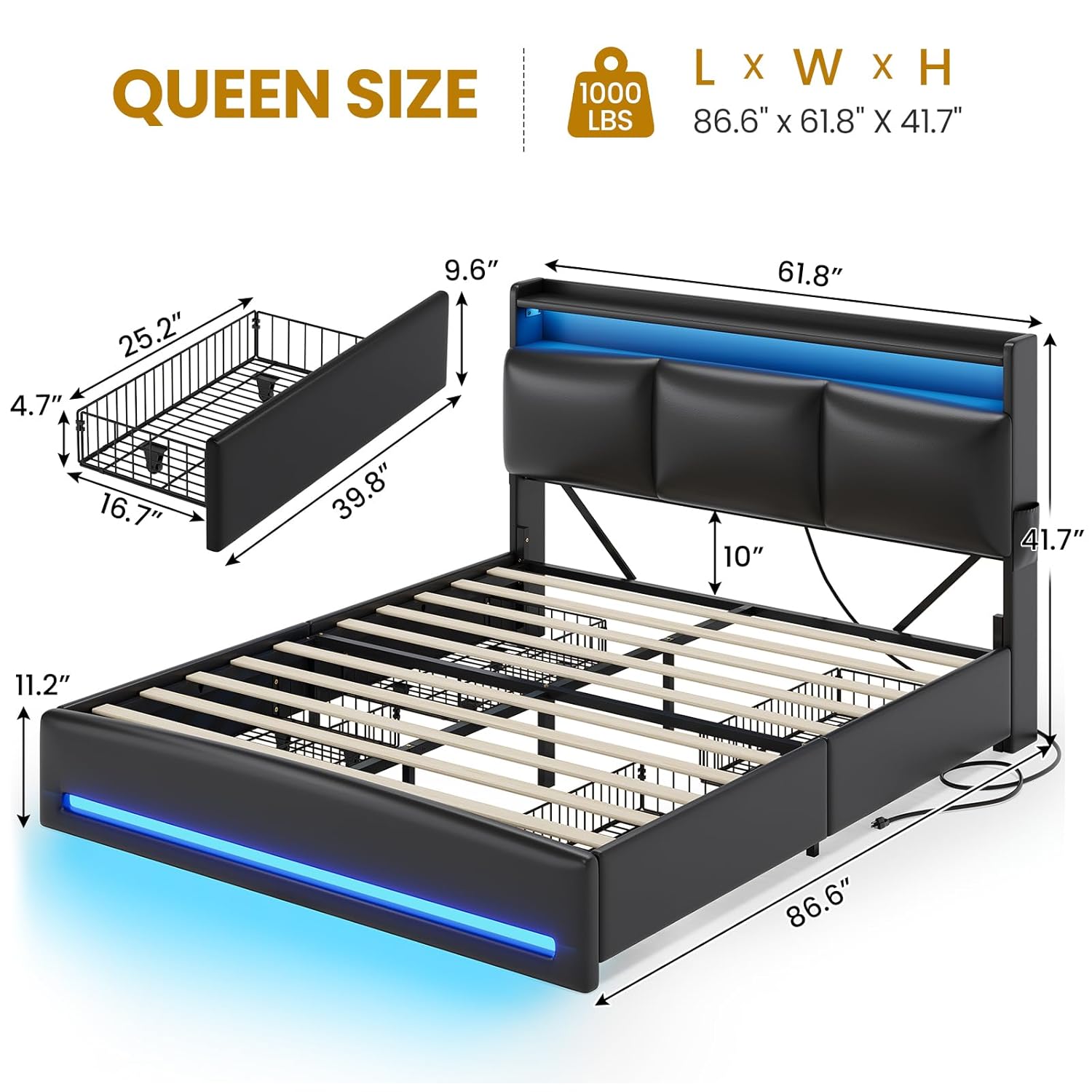 수납형 헤드보드와 충전 스테이션이 있는 퀸 침대 프레임 - Canopy Bed Frame Metal Queen 리뷰 및 가격