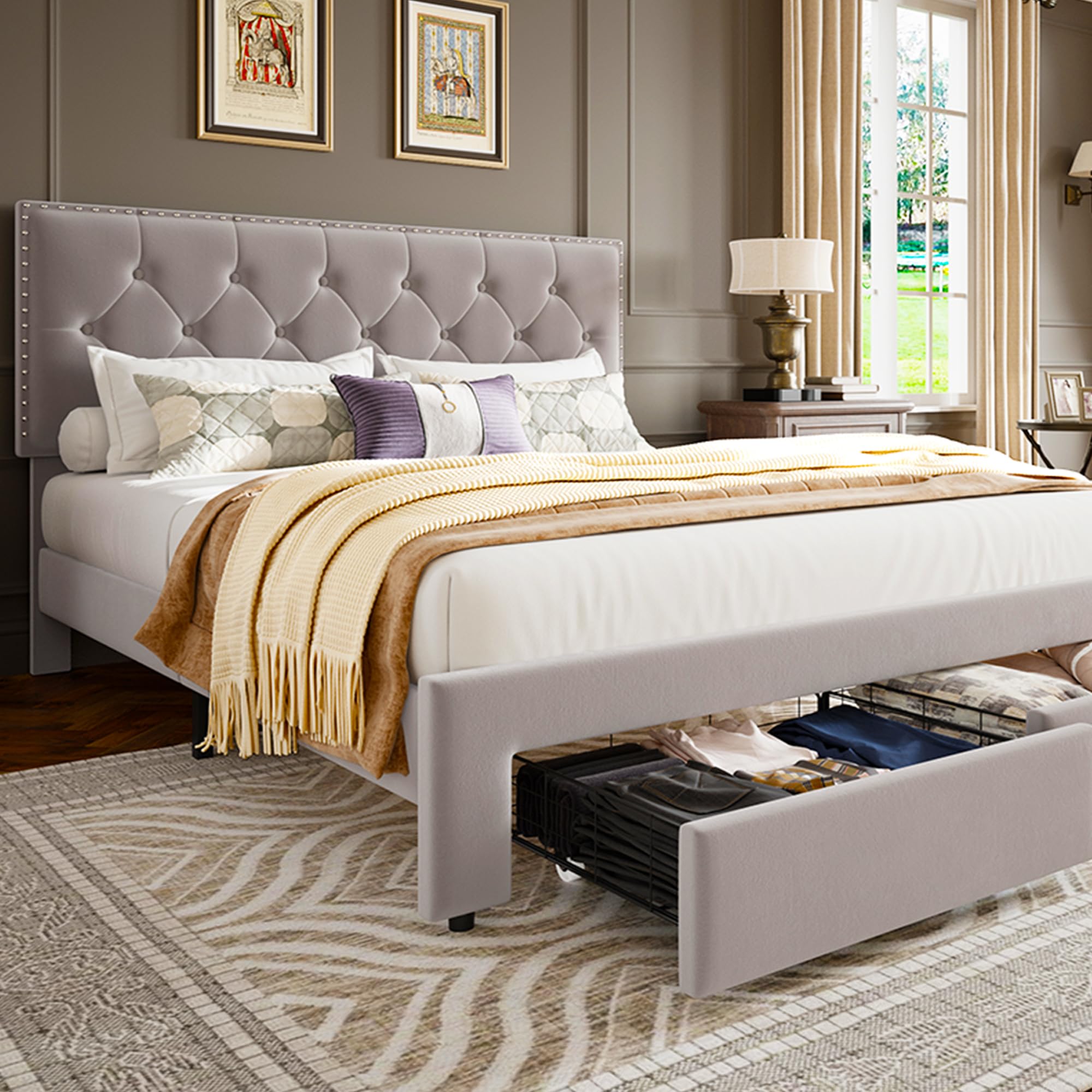 킹사이즈 침대 프레임, 수납 서랍 2개 포함, 빈티지  - King Size Bed Frame With Storage Drawers 리뷰 및 가격