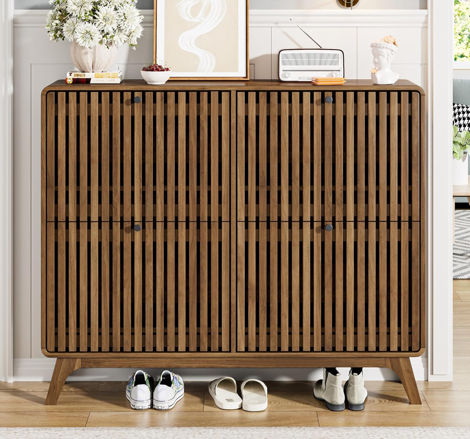 # 대형 대나무 신발장(4개 플립 서랍 포함), 현관/ - Shoe Rack Cabinet Narrow Entryway 리뷰 및 가격